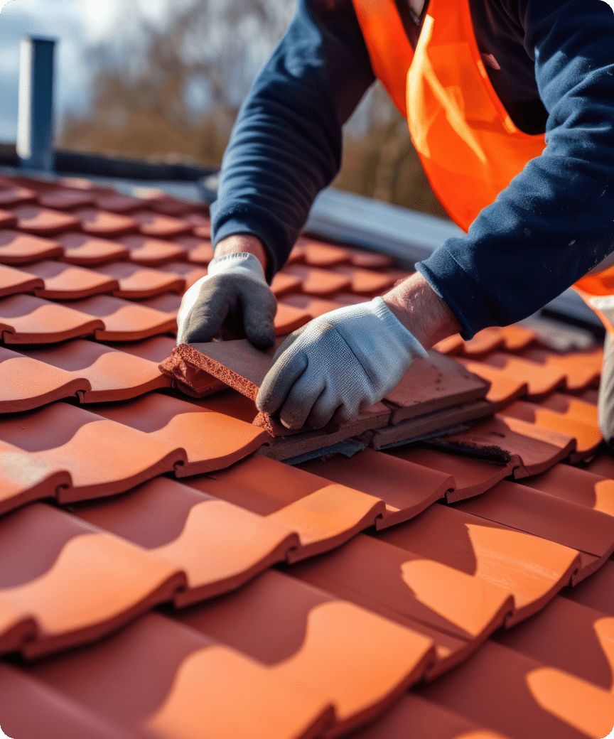 Hands working on tile roof